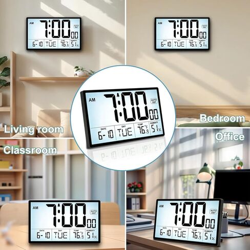 ساعة حائط رقمية بإضاءة خلفية قابلة للتعديل مقاس 9 بوصات - مصدر طاقة مزدوج (بطاريات / قابس)، درجة الحرارة / الرطوبة، التوقيت الصيفي التلقائي، أرقام كبيرة 2⅝ بوصة، منبه بحجم 5 مستويات - حامل على الحائط / سطح المكتب للمكتب المنزلي in Kuwait