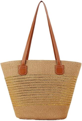 Large Bags for Women Straw Woven Beach Shoulder Tote Bag Striped Work Top-Handle Purse Summer Tote Handbag Gold-Brown in Kuwait