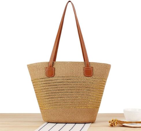 Large Bags for Women Straw Woven Beach Shoulder Tote Bag Striped Work Top-Handle Purse Summer Tote Handbag Gold-Brown in Kuwait