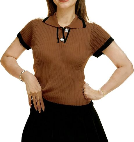 Womens Summer Short Sleeve Sweater V-Neck Lapel Pullover Knit Jumper Womens Sweater Tops Short Sleeve in Saudi Arabia