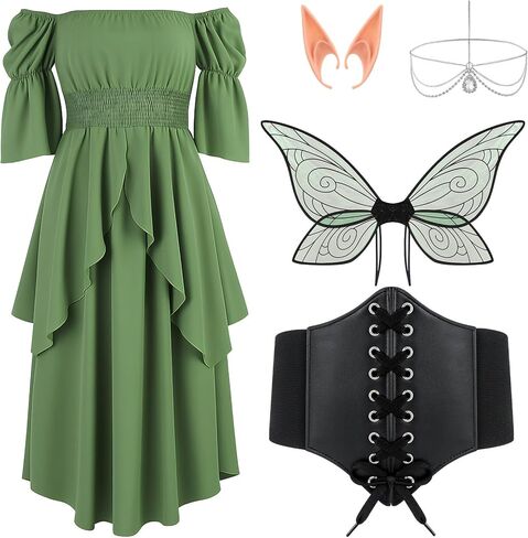5 Pcs Women Fairy Elf Costume Off Shoulder Renaissance Medieval Forest Fairy Elf Dress for Cosplay Outfit Green in Kuwait