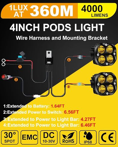 مصابيح الضباب الصفراء ومصابيح LED: أغطية كهرمانية مقاس 3-4 بوصات للطرق الوعرة والقيادة على الطرق الوعرة والدراجات النارية - مجموعة مقاومة للماء مع مجموعة أسلاك التوصيل والتشغيل | عوارض عالية التجويف للشاحنة، الجيب، ATV، الجرار in Saudi Arabia
