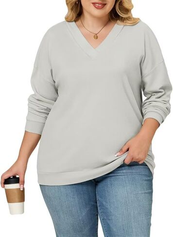 Plus Size Sweatshirts for Women Classic Fall V Neck Long Sleeve Tops 2025 Winter Casual Pullover Tunics in Saudi Arabia