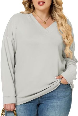 Plus Size Sweatshirts for Women Classic Fall V Neck Long Sleeve Tops 2025 Winter Casual Pullover Tunics in Saudi Arabia