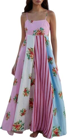 ebossy Women's Floral Striped Back Smocked Maxi Dress Spaghetti Strap Flowy Swing A-Line Sundress with Pockets in Saudi Arabia