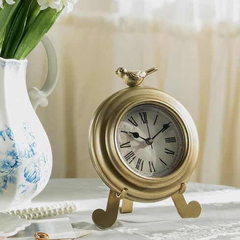 NIKKY HOME Vintage Gold Table Clock with Bird Accent, Battery Operated Silent Decorative Mantel Desk Shelf Clocks for Living Room Decor in Saudi Arabia
