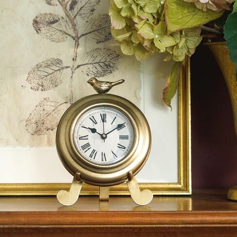 NIKKY HOME Vintage Gold Table Clock with Bird Accent, Battery Operated Silent Decorative Mantel Desk Shelf Clocks for Living Room Decor in Saudi Arabia