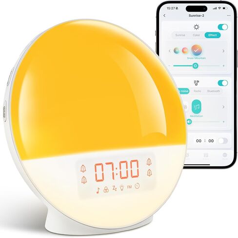 ساعة منبه شروق الشمس مع التحكم في التطبيق لمن ينامون بكثرة، وغرفة النوم، وإضاءة الاستيقاظ مع محاكاة شروق الشمس وغروبها، وآلة صوت ضوضاء بيضاء مع 11 لونًا من الأضواء الليلية، وأجهزة إنذار مزدوجة، وراديو FM in Kuwait