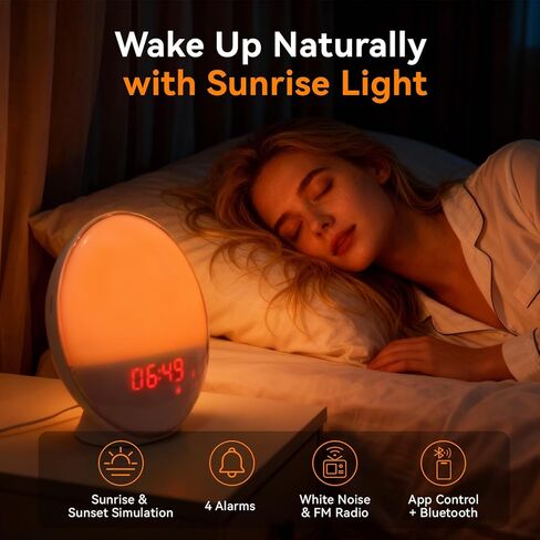 ساعة منبه شروق الشمس مع التحكم في التطبيق لمن ينامون بكثرة، وغرفة النوم، وإضاءة الاستيقاظ مع محاكاة شروق الشمس وغروبها، وآلة صوت ضوضاء بيضاء مع 11 لونًا من الأضواء الليلية، وأجهزة إنذار مزدوجة، وراديو FM in Kuwait