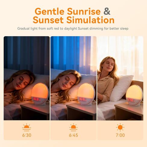ساعة منبه شروق الشمس مع التحكم في التطبيق لمن ينامون بكثرة، وغرفة النوم، وإضاءة الاستيقاظ مع محاكاة شروق الشمس وغروبها، وآلة صوت ضوضاء بيضاء مع 11 لونًا من الأضواء الليلية، وأجهزة إنذار مزدوجة، وراديو FM in Kuwait
