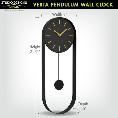 VERTA Modern Pendulum Wall Clock, Minimalist Black Iron Wall Clock with Gold Accents, Quartz Movement, Swinging Pendulum, 21.75″ Tall in Saudi Arabia