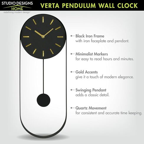 VERTA Modern Pendulum Wall Clock, Minimalist Black Iron Wall Clock with Gold Accents, Quartz Movement, Swinging Pendulum, 21.75″ Tall in Saudi Arabia