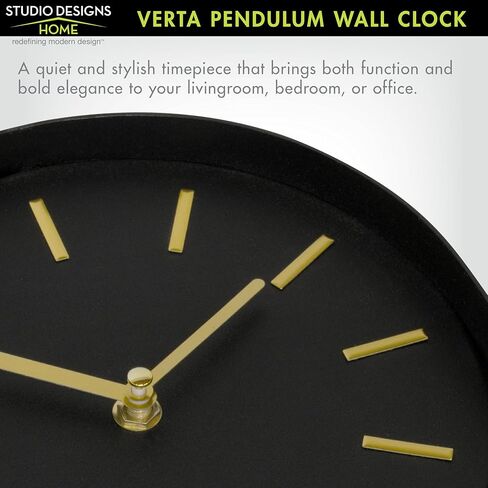 VERTA Modern Pendulum Wall Clock, Minimalist Black Iron Wall Clock with Gold Accents, Quartz Movement, Swinging Pendulum, 21.75″ Tall in Saudi Arabia