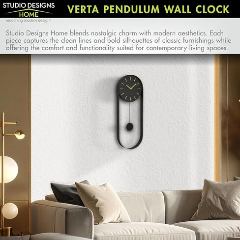 VERTA Modern Pendulum Wall Clock, Minimalist Black Iron Wall Clock with Gold Accents, Quartz Movement, Swinging Pendulum, 21.75″ Tall in Saudi Arabia