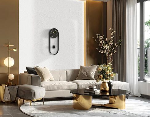 VERTA Modern Pendulum Wall Clock, Minimalist Black Iron Wall Clock with Gold Accents, Quartz Movement, Swinging Pendulum, 21.75″ Tall in Saudi Arabia