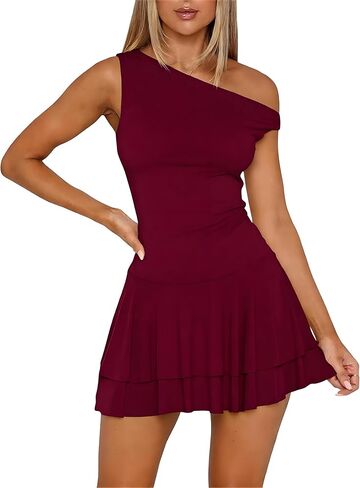ForeFair Women's Sexy Off Shoulder Bodycon Mini Dresses Sleeveless Ruffle Hem Party Club Short Dress in Kuwait