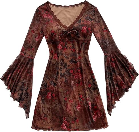 Floerns Women's Boho Western Mini Dress Floral Country Mesh Bell Sleeve Vintage Dresses in Kuwait