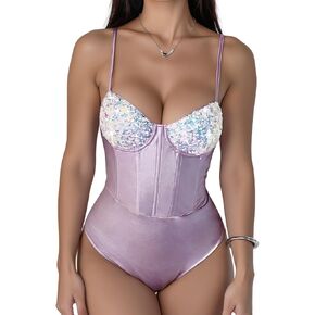 Women's Sheer Bustier Corset Bodysuit Spaghetti Strap Sleeveless Cami Bodysuit Tops Sexy V Neck Teddy Underwire in Kuwait