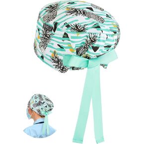 Tropical Pattern Scrub Caps for Women and Men with Buttons, Pineapple Surgical Tech Head Cover, Adjustable Euro Style Scrub Hat for Long or Short Hair in Kuwait