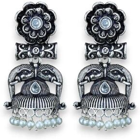 LoveNspire Indian Oxidized Jhumka Earrings for Women - Indian Oxidized Trishul Jhumki Ethnic Shiva Trident Chandbali Earrings Faux Pearls Bollywood Style Floral Dangle Earring Jewelry for Bride in Kuwait