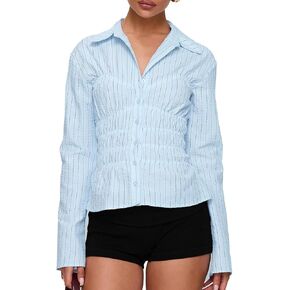 Womens Button Down Long Sleeve Babydoll Shirts Striped/Solid Lapel V Neck Slim Fit Blouses Fall Work Office Tops in Kuwait