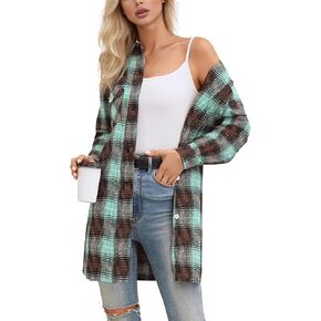 SANGTREE Women and Girls Oversized Flannel Plaid Shirt Mid-Length Casual Button Down Shirt with Pockets in Kuwait
