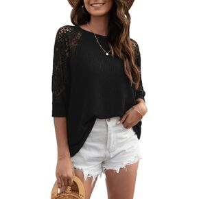 Women Summer Spring Casual Loose Tops Lace See Through 3/4 Long Sleeve Round Neck Blouse Sexy Splicing Crochet Solid Shirt in Kuwait