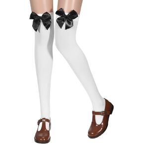 Women’s Thigh Highs with Satin Bow Accent, Cute & Sexy Hold-ups Snag-Resistant Knee High Long Socks Soft Stretchy White Thigh High Stockings for Dress Uniform Lolita Daily Wear(Black Bow) in Kuwait