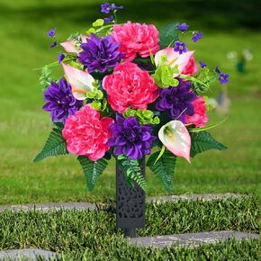 زهور المقبرة الصناعية للقبر من دوليسر، مجموعة من 2 زهور قبر تذكارية للمقبرة مع مزهرية من الحرير الواقعي، زخارف زهور الفاوانيا المقاومة للأشعة فوق البنفسجية (الأحمر مع الأرجواني) in Kuwait