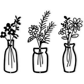 HVEST 3 Pieces Black Metal Flower Wall Art for Living Room, Metal Vase Wall Art for Rustic Farmhouse Kitchen Bathroom Bedroom Home Modern Wall Decor Sculpture in Kuwait