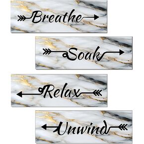 Lnond 4 Pieces White Gold Marble Bathroom Wall Art, Relax Soak Unwind Breathe Signs Decor, Wood Hanging Bathroom Wall Art for Spa Room (12 x 4 Inch) in Saudi Arabia