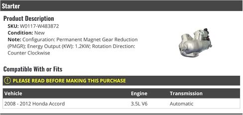 Starter - Compatible with 2008-2012 Honda Accord 3.5L V6 Automatic Transmission in Saudi Arabia