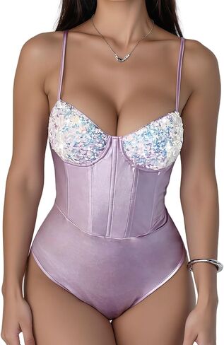 Women's Sheer Bustier Corset Bodysuit Spaghetti Strap Sleeveless Cami Bodysuit Tops Sexy V Neck Teddy Underwire in Kuwait