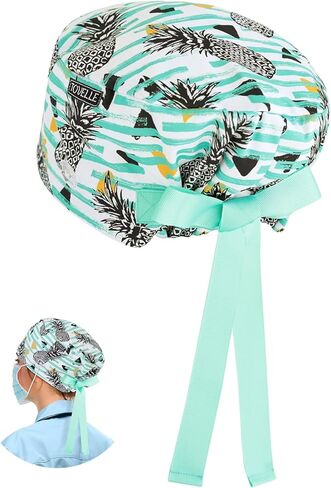 Tropical Pattern Scrub Caps for Women and Men with Buttons, Pineapple Surgical Tech Head Cover, Adjustable Euro Style Scrub Hat for Long or Short Hair in Kuwait
