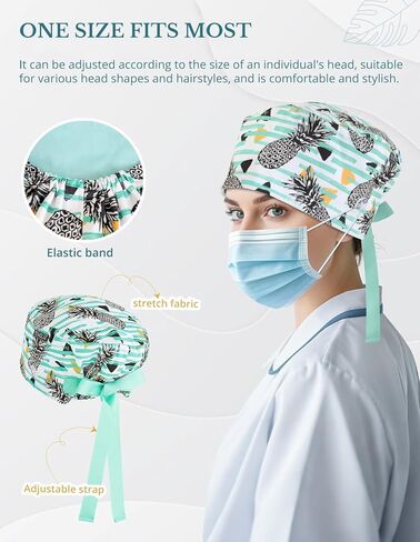 Tropical Pattern Scrub Caps for Women and Men with Buttons, Pineapple Surgical Tech Head Cover, Adjustable Euro Style Scrub Hat for Long or Short Hair in Kuwait