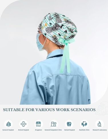 Tropical Pattern Scrub Caps for Women and Men with Buttons, Pineapple Surgical Tech Head Cover, Adjustable Euro Style Scrub Hat for Long or Short Hair in Kuwait