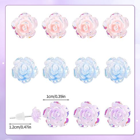 6 Pairs Plastic Earrings for Sensitive Ears, Gradient Glitter Rose Earrings Women's Flower Stud Plastic Post Earring Floral Studs for Sensitive Ears in Saudi Arabia