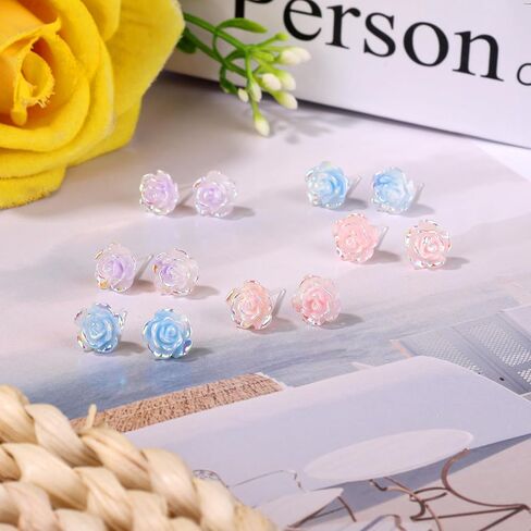 6 Pairs Plastic Earrings for Sensitive Ears, Gradient Glitter Rose Earrings Women's Flower Stud Plastic Post Earring Floral Studs for Sensitive Ears in Saudi Arabia