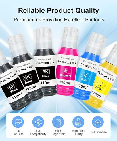 Replacement for Epson 502 522 High Capacity (6 Bottles) Ink Refill Bottles Replacement for Epson 502 522 Ink Use for EcoTank ET-3760 ET2760 ET2750 ET-4760 ET-2850 ET-15000 ST-4000 ST-2000 in Kuwait