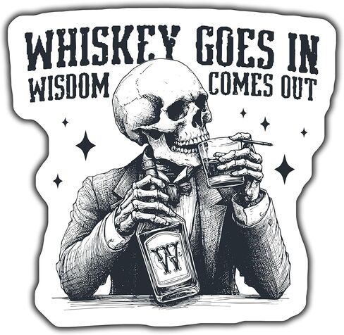 ملصق Whisky Goes in Wisdom Comes Out، ملصق ويسكي مضحك، ملصق شرب جمجمة، هدية لمحبي الويسكي، ملصق فكاهي - ملصق مقاس 5 بوصات - عبوتان - CCSTICKER01073 in Kuwait