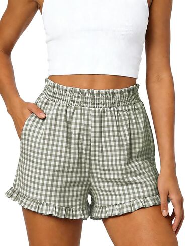 Womens Ruffle Boxer Shorts Gingham Pajama Shorts with Pockets Lounge Sleep Shorts Summer Causal Outfit 2026 in Kuwait