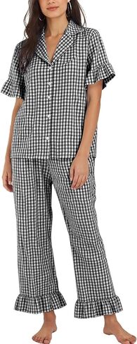 Flygo Womens Plaid Pajamas Sets 2 Piece Cotton Pj Set Ruffled Sleeve Button Down Shirt Gingham Pants Lounge Sets in Saudi Arabia