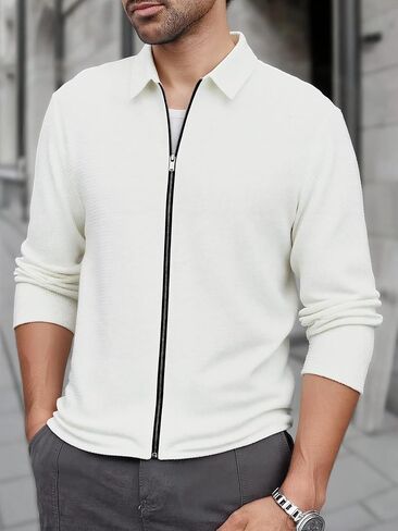Mens Fashion Transitional Jackets Long Sleeve Zipper Closure Solid Color Casual Cardigan in Saudi Arabia