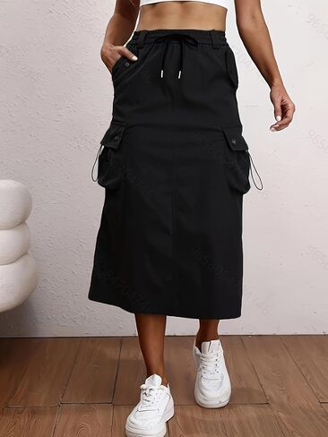 Women Y2k Cargo Long Skirt Casual High-Waisted Drawstring Skirt with Side Pocket Slim Fit in Saudi Arabia