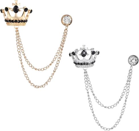 2PCS Lapel Pin for Men Suits,Crystal Crown Hanging Chain Brooch Suit Pin Suit Accessories Gold Crown Brooch,British Style Vintage Metal Crystal Rhinestone Broochs,Lapel Pin Accessories for Men Women Halloween Gifts in Kuwait
