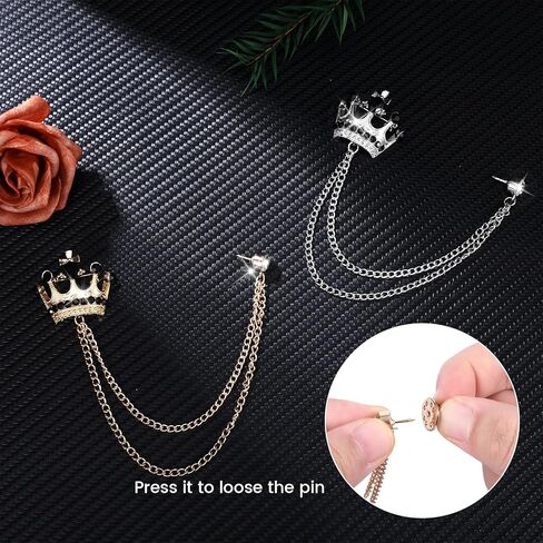 2PCS Lapel Pin for Men Suits,Crystal Crown Hanging Chain Brooch Suit Pin Suit Accessories Gold Crown Brooch,British Style Vintage Metal Crystal Rhinestone Broochs,Lapel Pin Accessories for Men Women Halloween Gifts in Kuwait