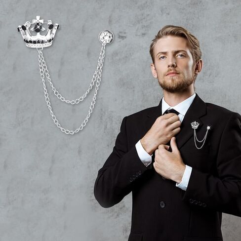 2PCS Lapel Pin for Men Suits,Crystal Crown Hanging Chain Brooch Suit Pin Suit Accessories Gold Crown Brooch,British Style Vintage Metal Crystal Rhinestone Broochs,Lapel Pin Accessories for Men Women Halloween Gifts in Kuwait