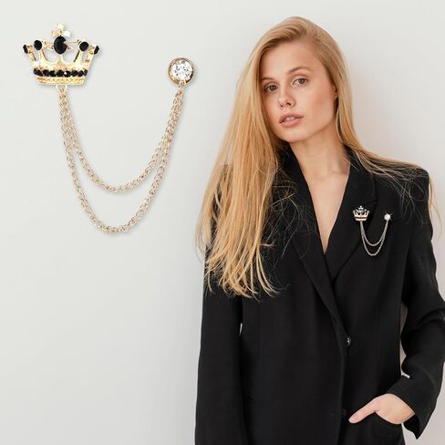 2PCS Lapel Pin for Men Suits,Crystal Crown Hanging Chain Brooch Suit Pin Suit Accessories Gold Crown Brooch,British Style Vintage Metal Crystal Rhinestone Broochs,Lapel Pin Accessories for Men Women Halloween Gifts in Kuwait