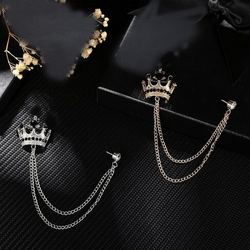 2PCS Lapel Pin for Men Suits,Crystal Crown Hanging Chain Brooch Suit Pin Suit Accessories Gold Crown Brooch,British Style Vintage Metal Crystal Rhinestone Broochs,Lapel Pin Accessories for Men Women Halloween Gifts in Kuwait