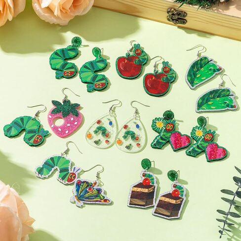 أقراط قطرة كاتربيلر جائعة - 8 أزواج ربيعية لطيفة على شكل فراشة كاتربيلر متألقة لامعة من الأكريليك أقراط متدلية، مجوهرات أذن حشرة مضحكة للفتيات والنساء هدايا جمالية للمعلمين in Kuwait